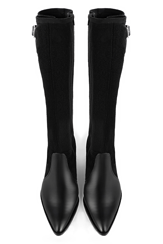 Satin black women's knee-high boots with buckles. Tapered toe. Medium cone heels. Made to measure. Top view - Florence KOOIJMAN